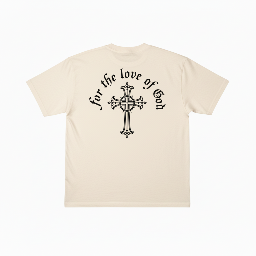 Cream colored t-shirt with for the love of God logo