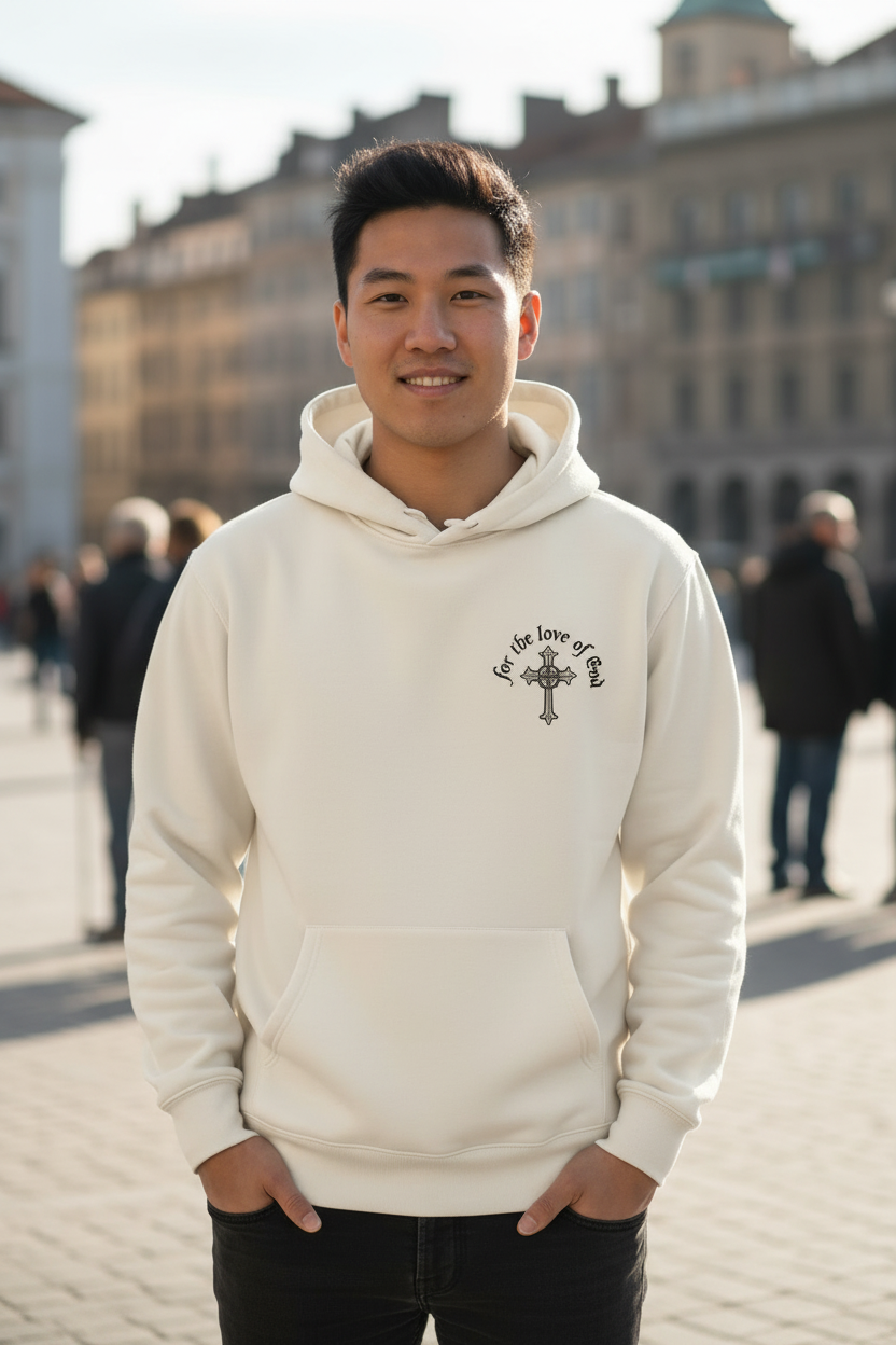 Mobile-optimized lifestyle photo of cream hoodie